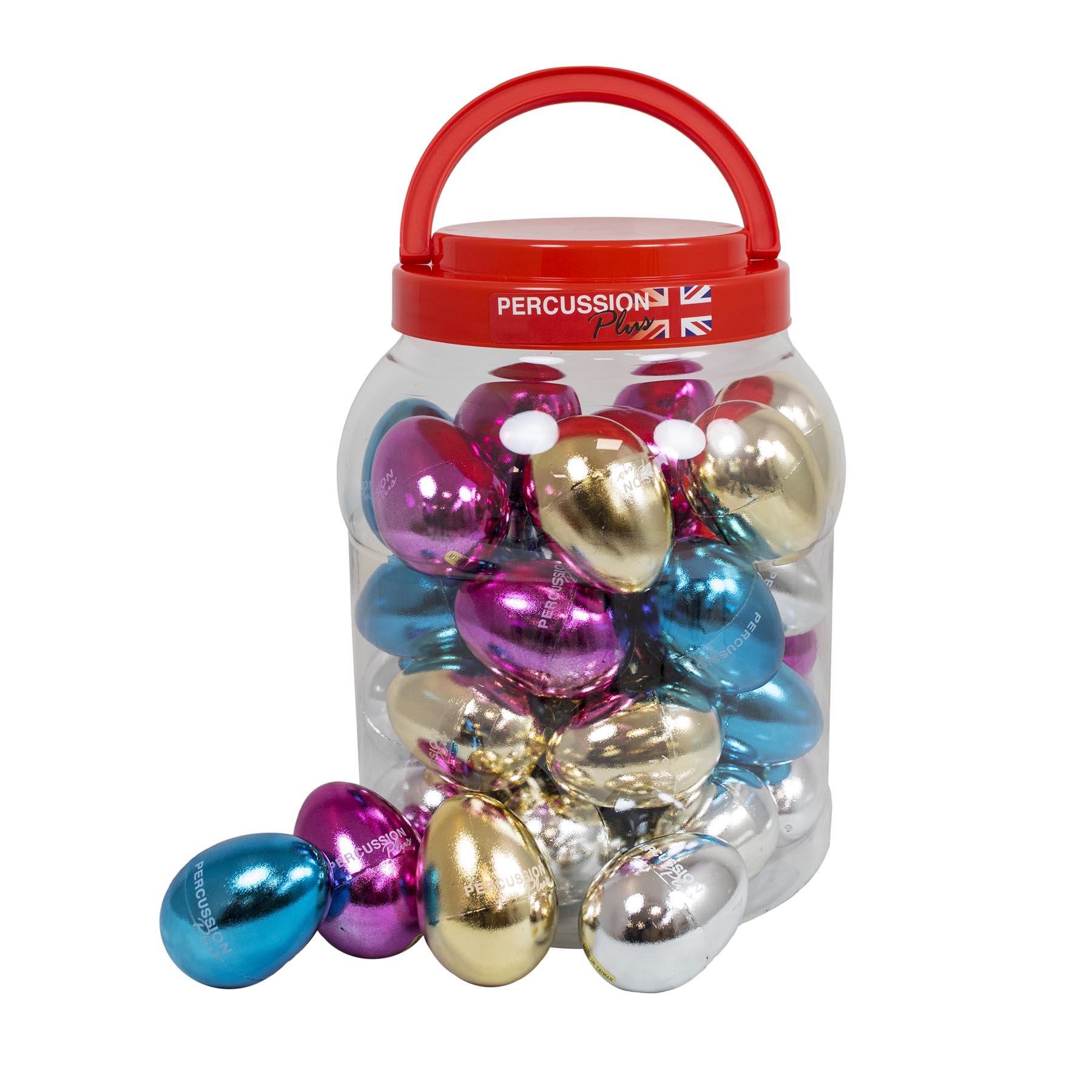 Percussion Plus tub of 40 egg shakers in mixed metallic colours