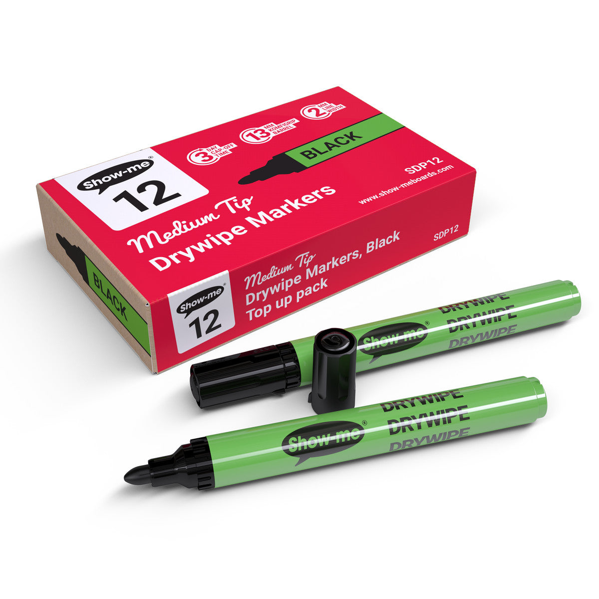 Show-me Box 12 Medium Tip Slim Barrel Drywipe Markers - Black