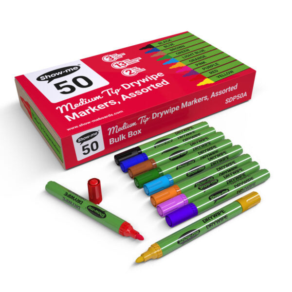 Show-me Box 50 Medium Tip Slim Barrel Drywipe Markers - Assorted Colours