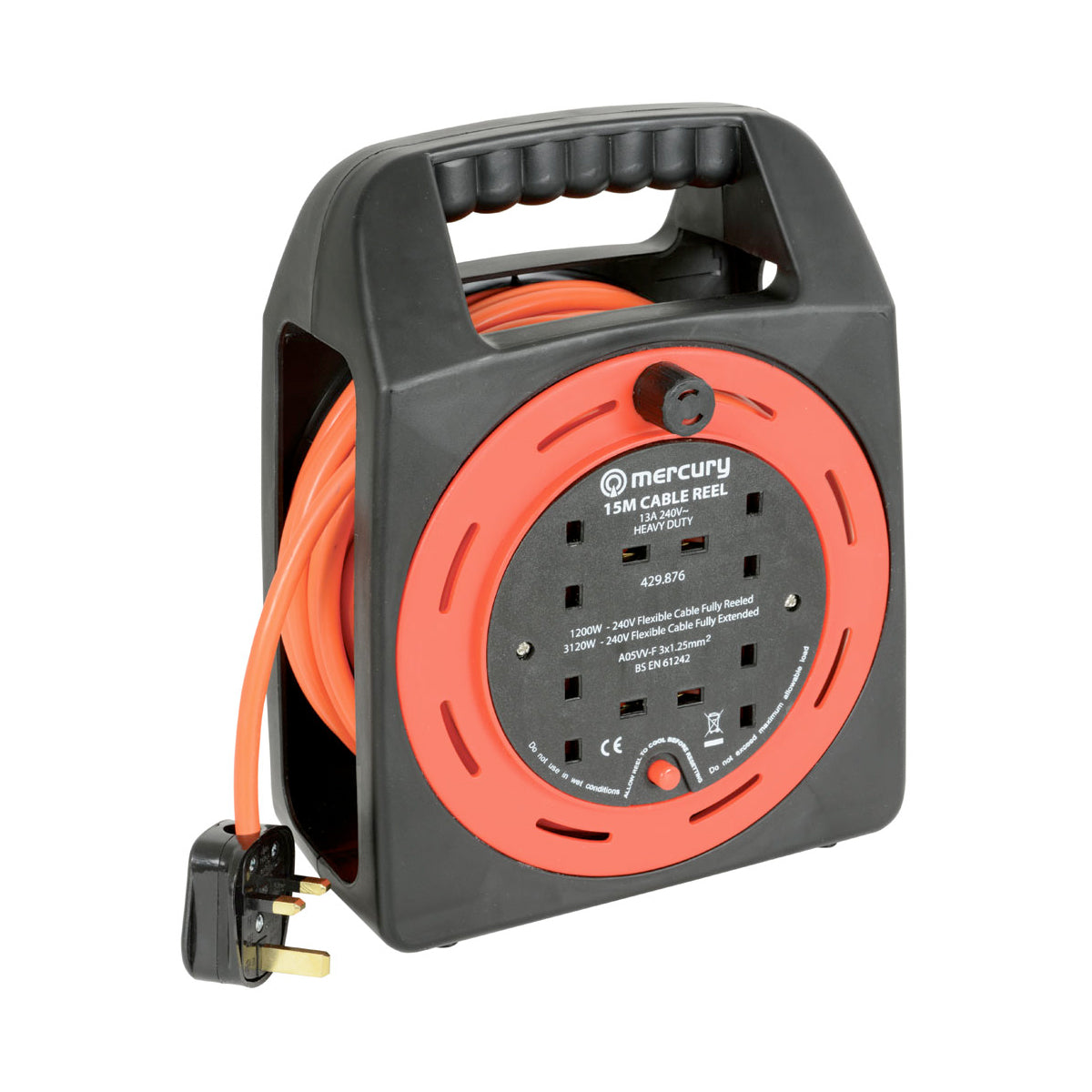 Mercury 4 gang extension reel with thermal cut out - 15m