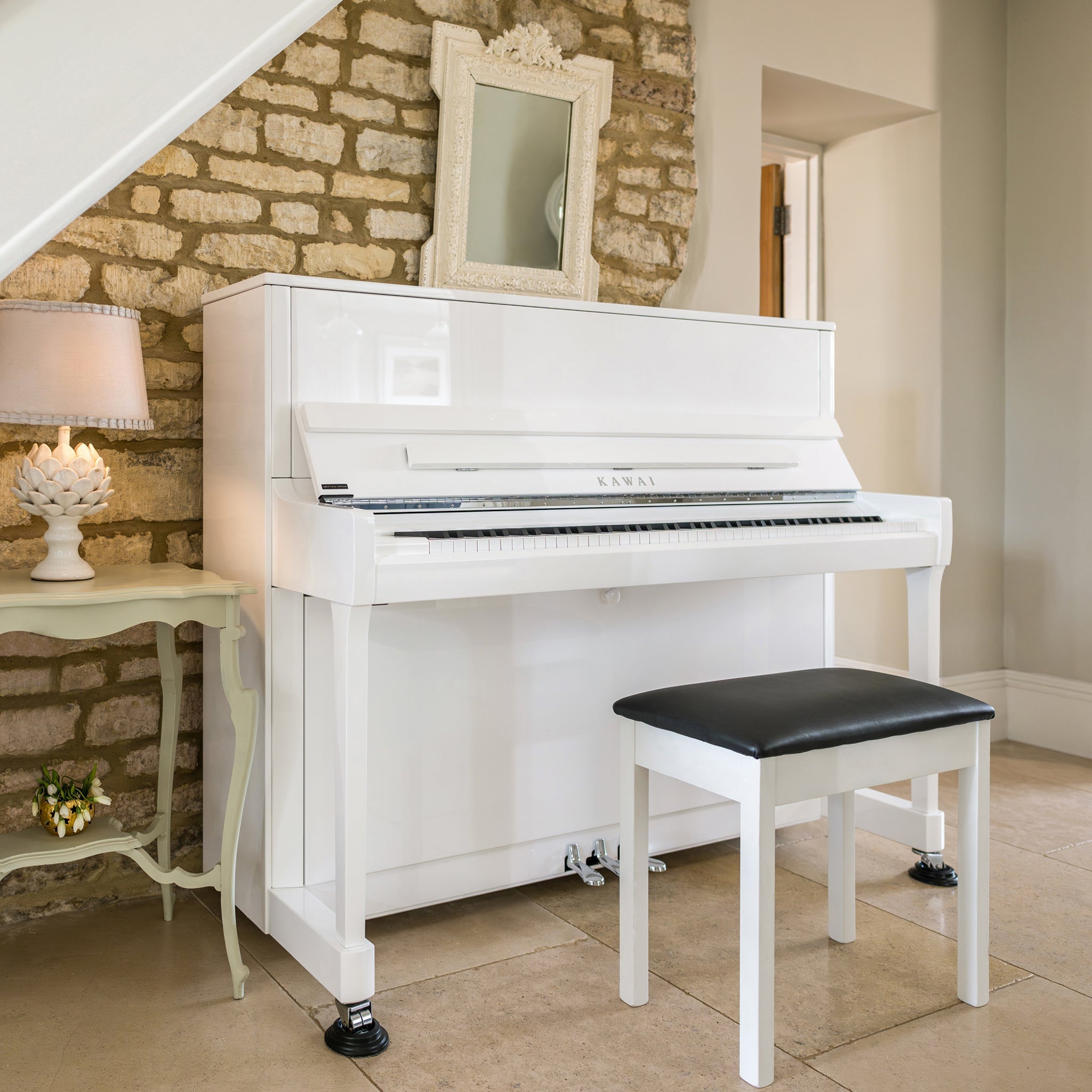 Kawai K-300 upright piano - Polished White, Chrome Fittings