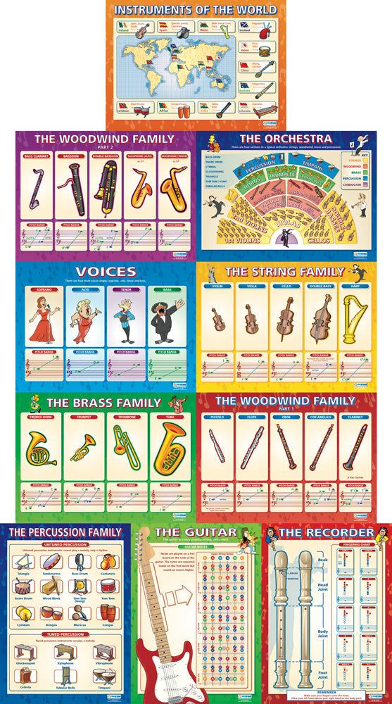 Set of 10 Musical Instruments Posters - Laminated