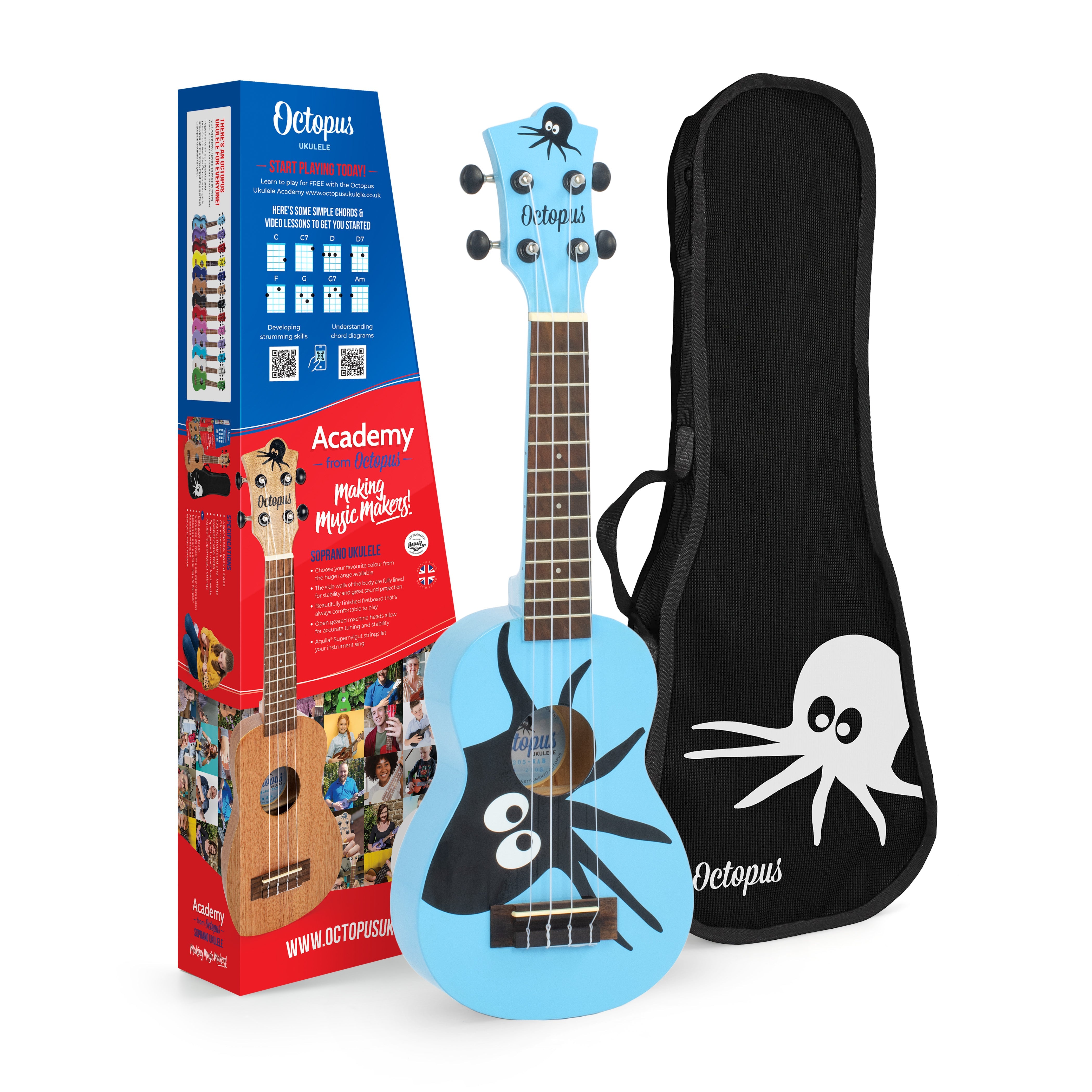 Octopus Academy graphic soprano ukulele - Blue with Octopus
