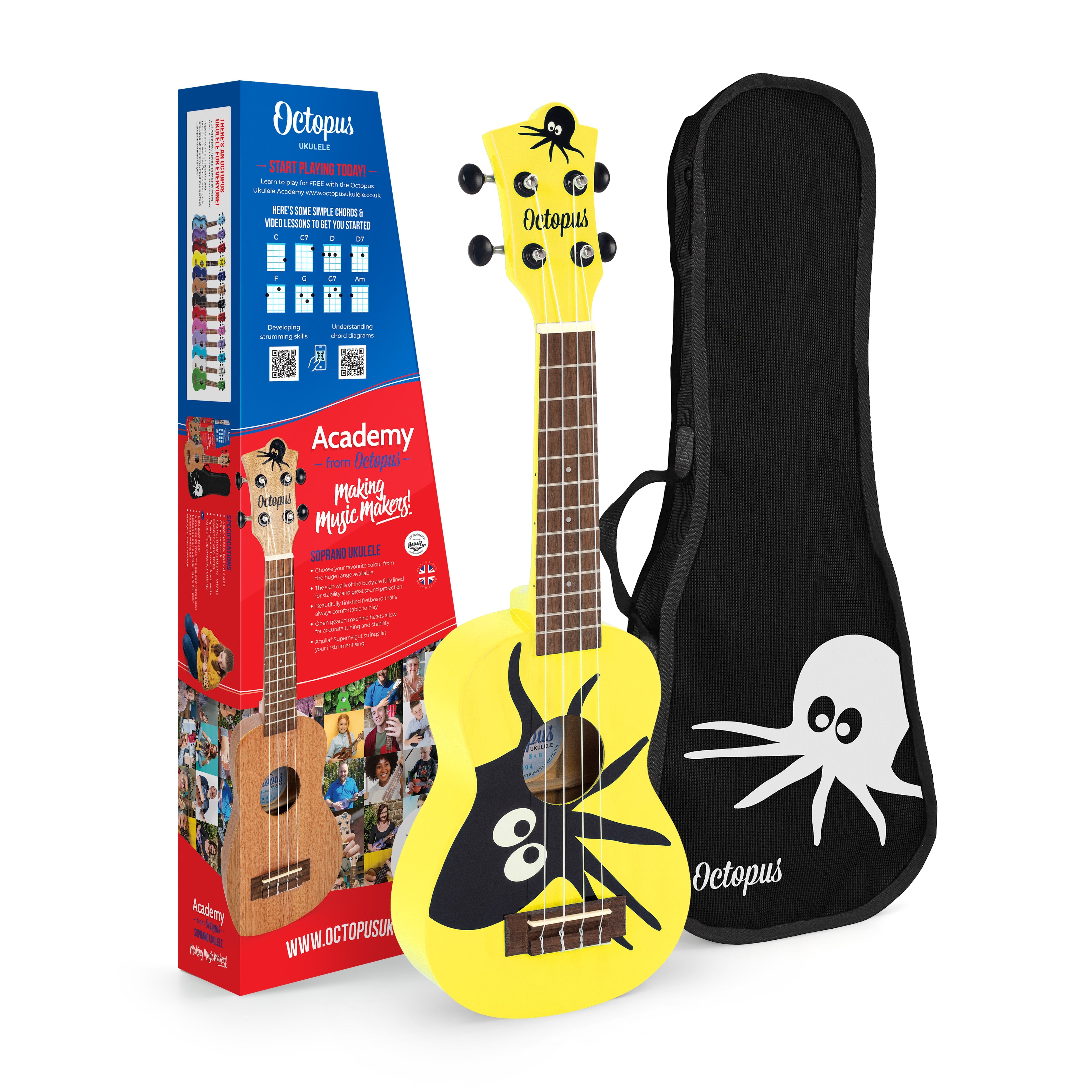 Octopus Academy graphic soprano ukulele - Yellow with Octopus