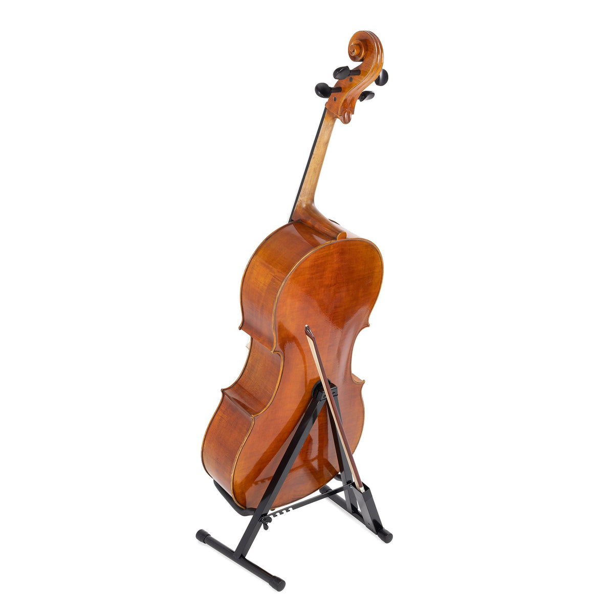 String Workshop compact cello stand with integrated bow holder