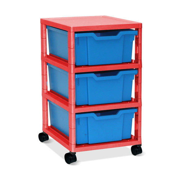 Gratnells Red GratStack Single Trolley with 3 Deep Trays - Royal Blue