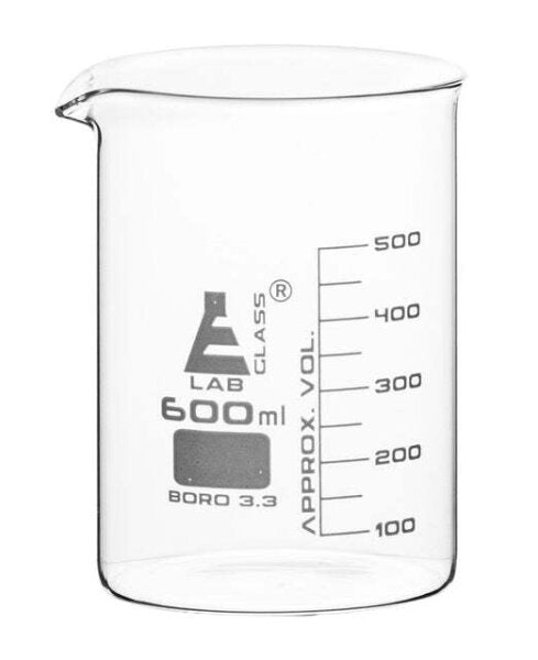 LabGlass®Beaker Low form, with spout made of borosilicate glass, graduated, 600ml. (Pack of 6)