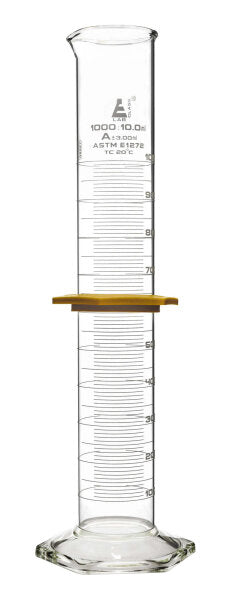 Cylinder Measuring Graduated, cap. 1000ml., class \'A\', glass hex. base,with protective guard & spout, borosilicate glass, White Graduation. As per ASTM E1272 std. (Each)