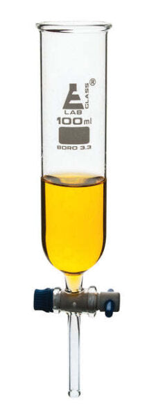 Funnel Dropping - Cylindrical, cap. 100ml, socket size 19/26, borosilicate glass, Un-graduated cylindrical with glass stopcock & interchangeable plastic stopper (Each)
