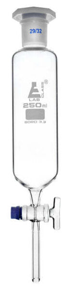 Funnel Dropping - Cylindrical, cap. 250ml, socket size 29/32, borosilicate glass, Un-graduated cylindrical with glass stopcock & interchangeable plastic stopper (Each)