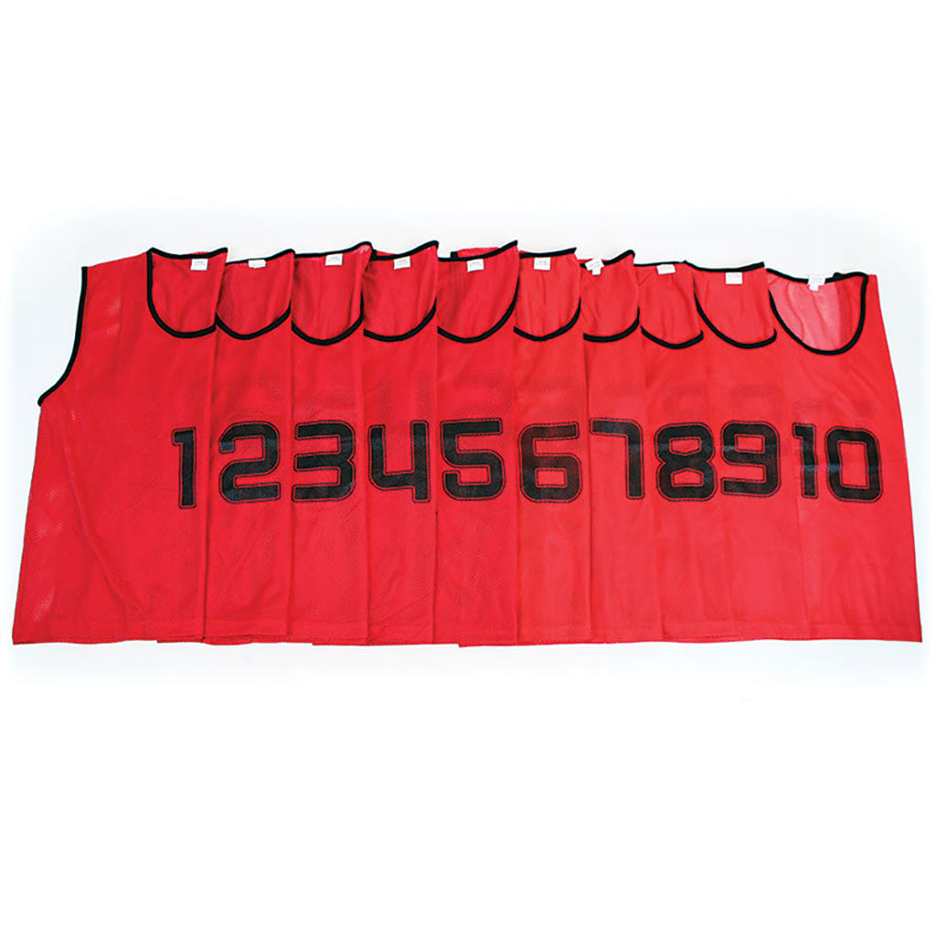 MESH TRAINING BIB NUMBERED 1-10 LARGE, RED, SET OF 10