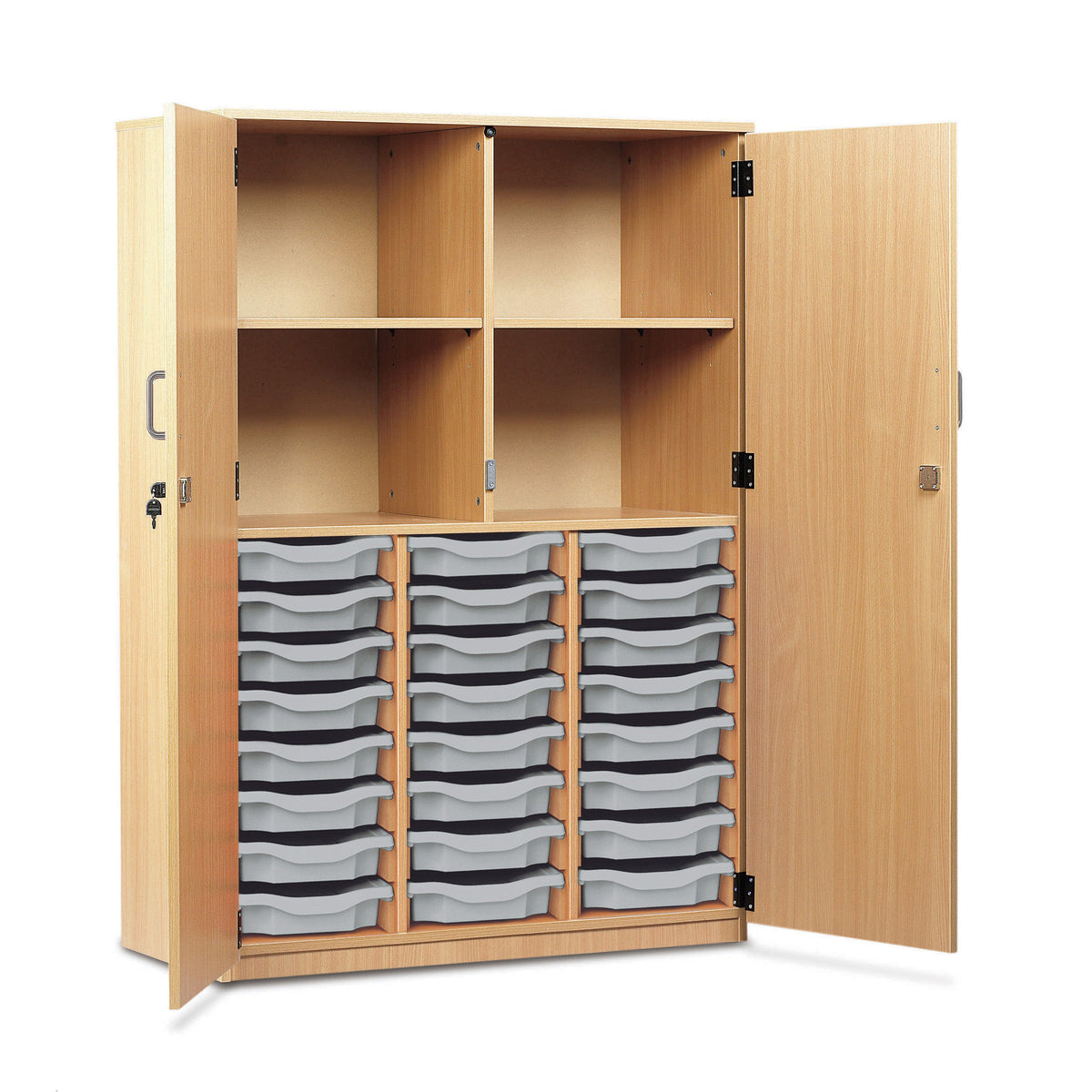 Monarch 24 single tray storage cupboard with 4 compartments – Light grey