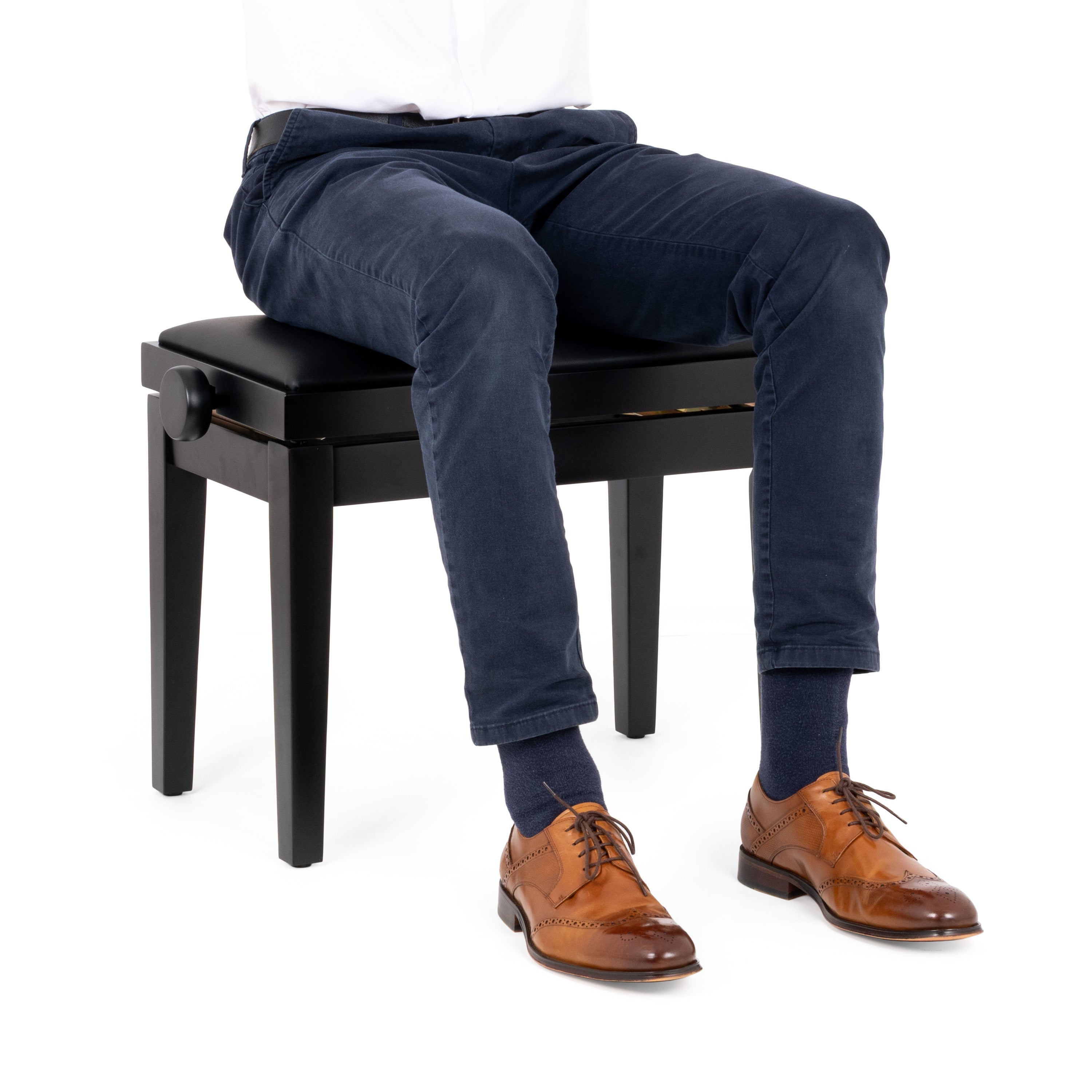 Musisca adjustable piano stool – Black satin, black faux leather seat