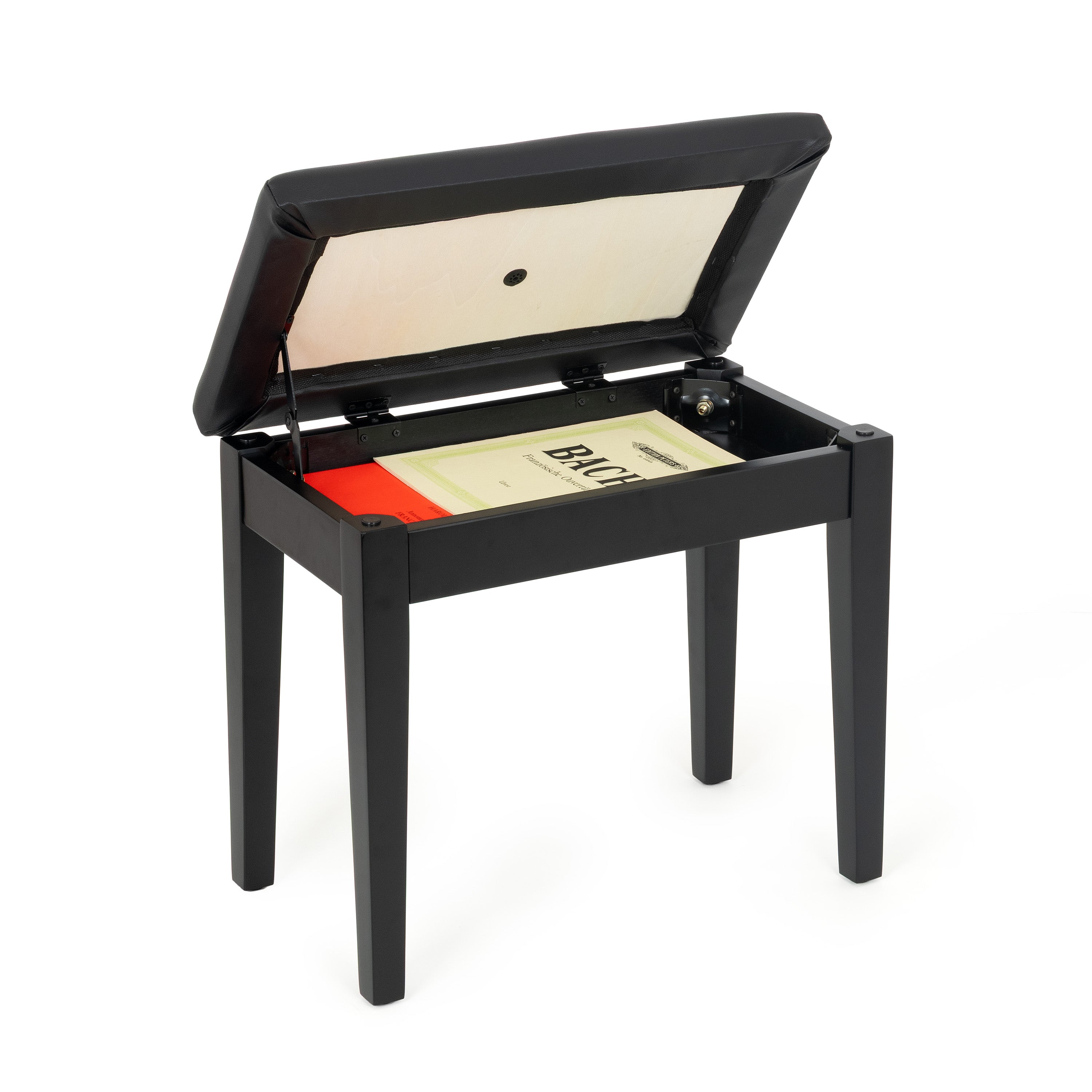 Musisca fixed height piano stool with storage – Black satin, black faux leather seat
