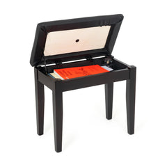 Musisca fixed height piano stool with storage – Rosewood satin, black faux leather seat