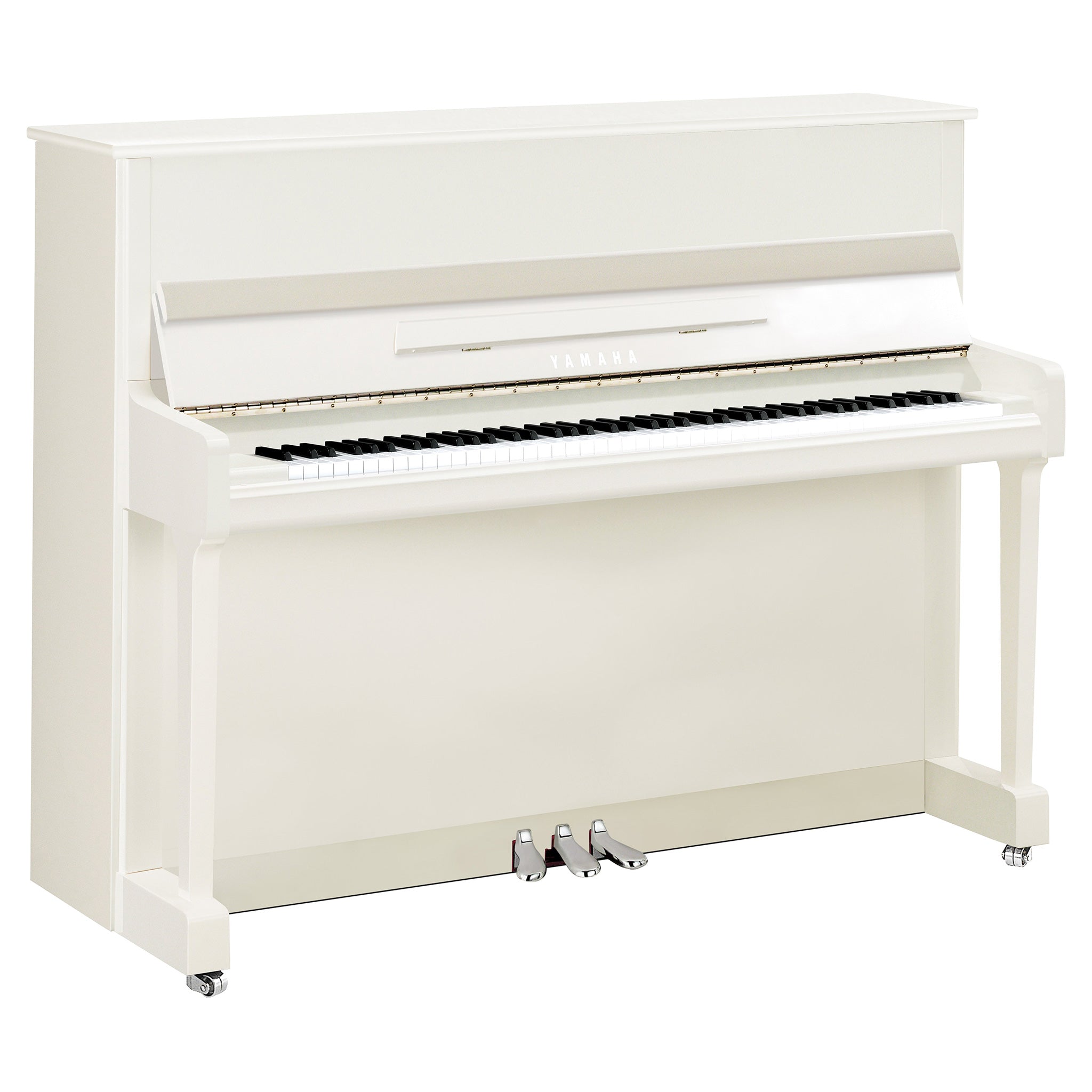 Yamaha P116 Upright Piano – Polished White with Chrome Fittings