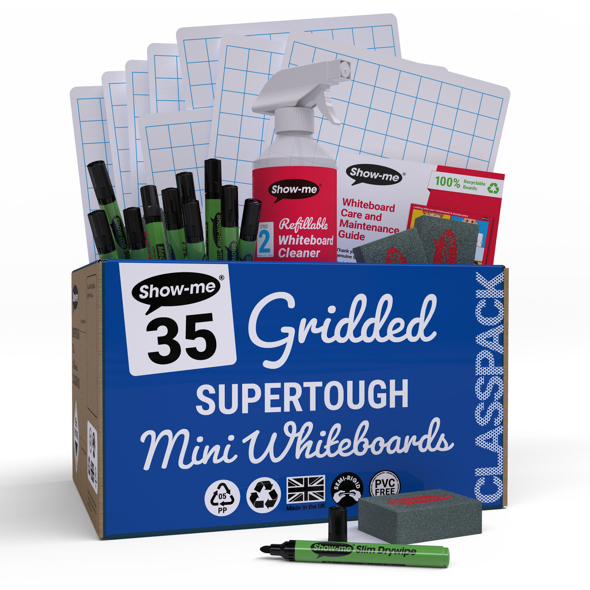 Show-me Classpack of 35 x A4 Gridded-Plain SUPERTOUGH Whiteboards, with pens and erasers plus 1 free cleaner.
