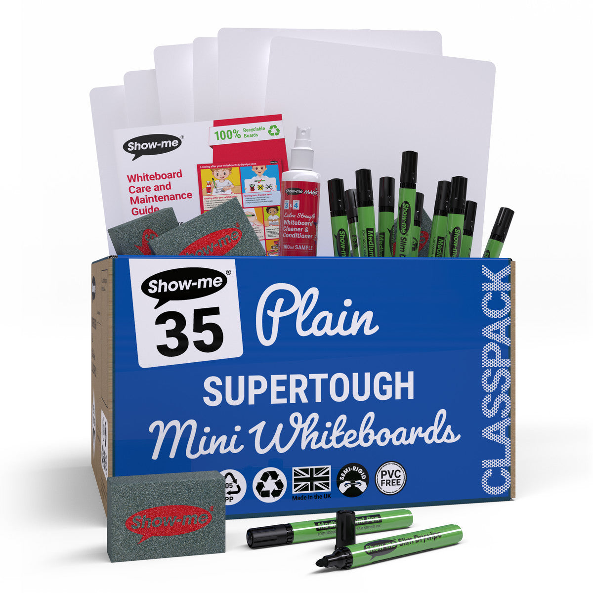 Show-me Classpack of 35 x A4 Plain-Plain SUPERTOUGH Whiteboards, with pens and erasers plus 2 free cleaners.