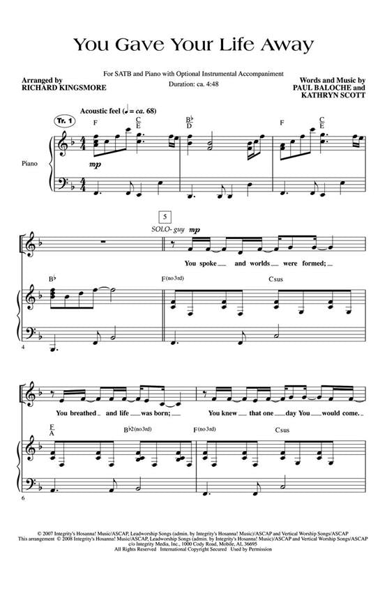 You Gave Your Life Away SATB
