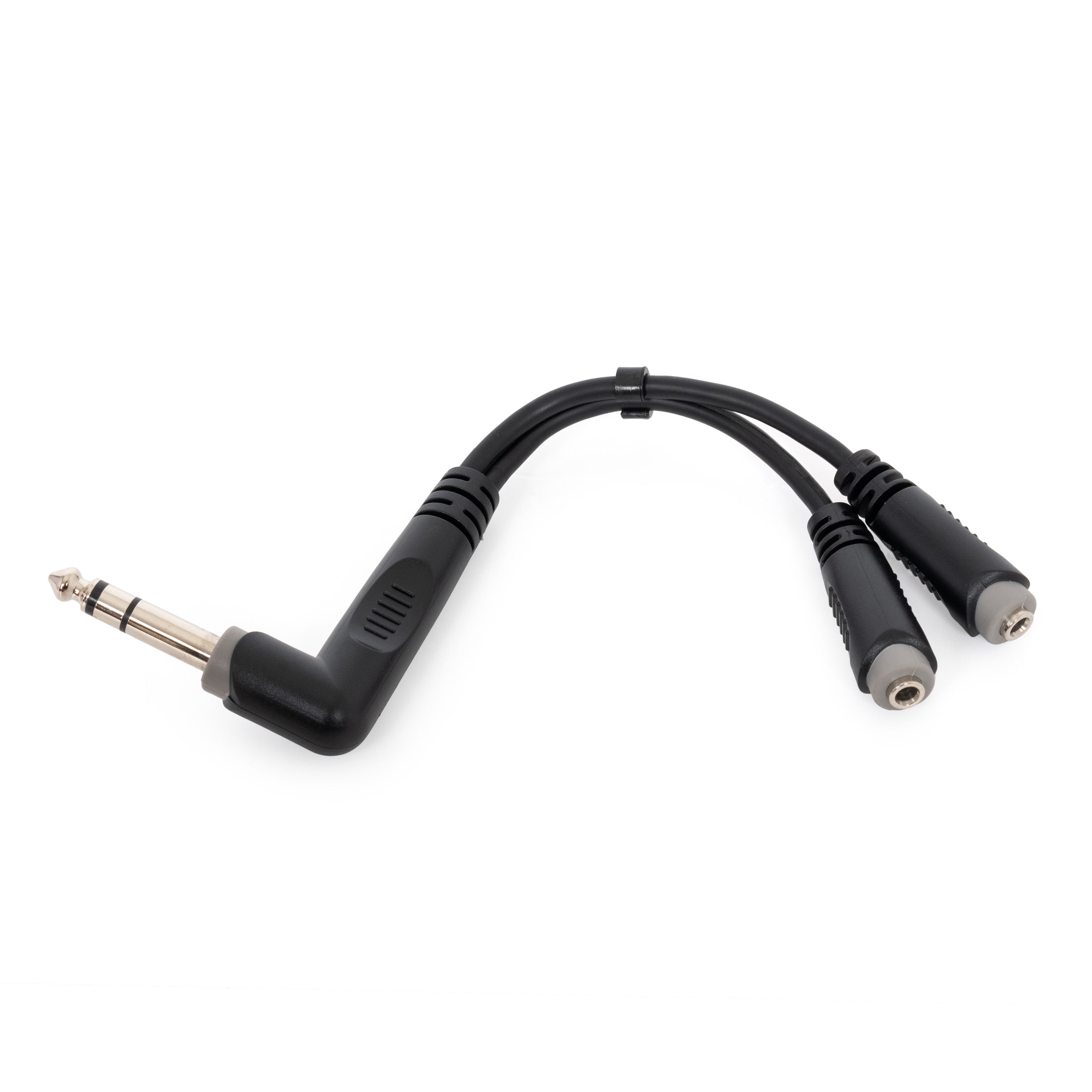 Roxtone splitter – 6.35mm stereo right angle plug to 2 x 3.5mm stereo sockets