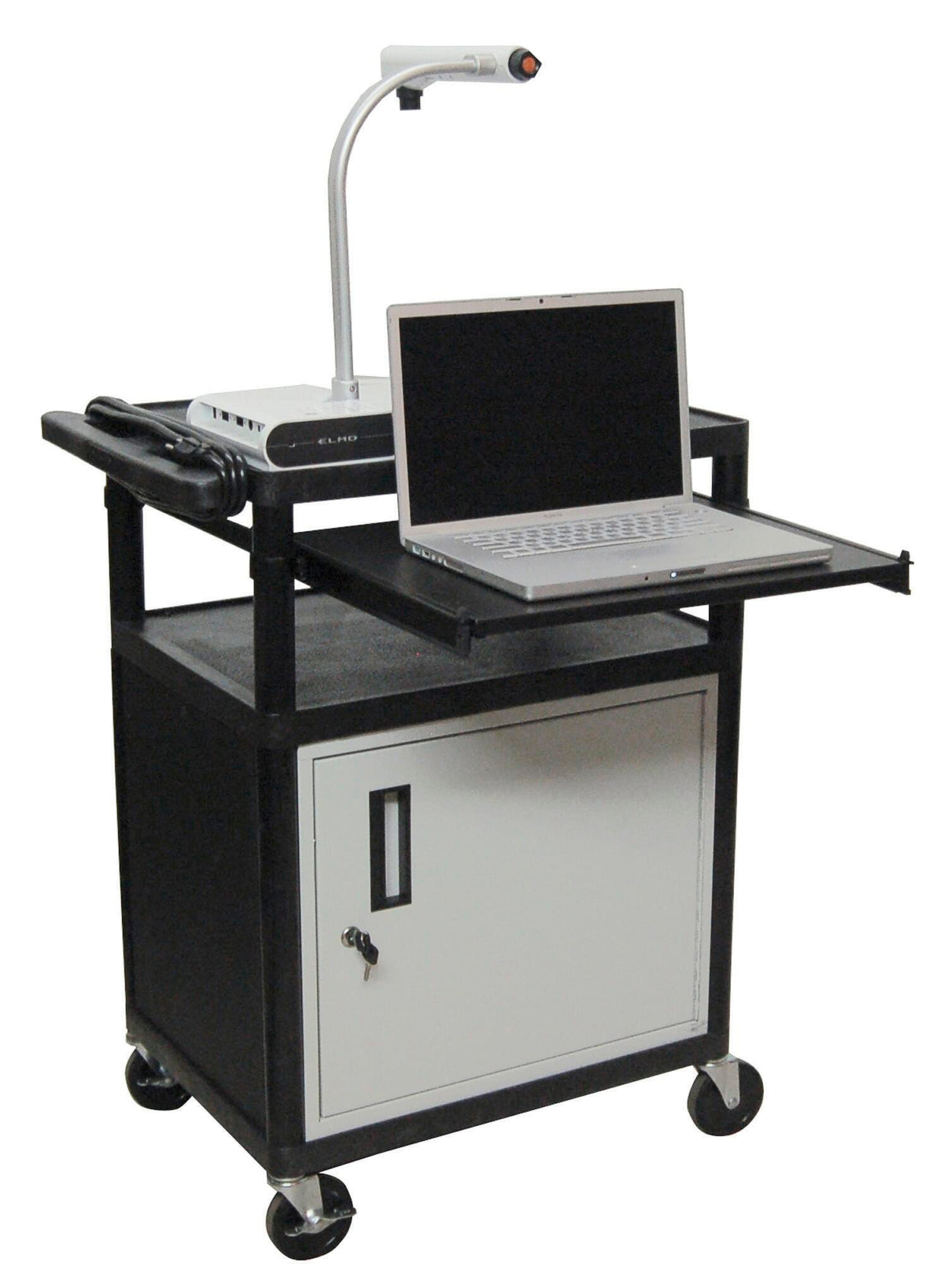 CART 34HX24WX18D PRESENTATION W/PULLOUT FRONT TRAY BLACK SHELVES/LEGS LIGHT GREY CABINET