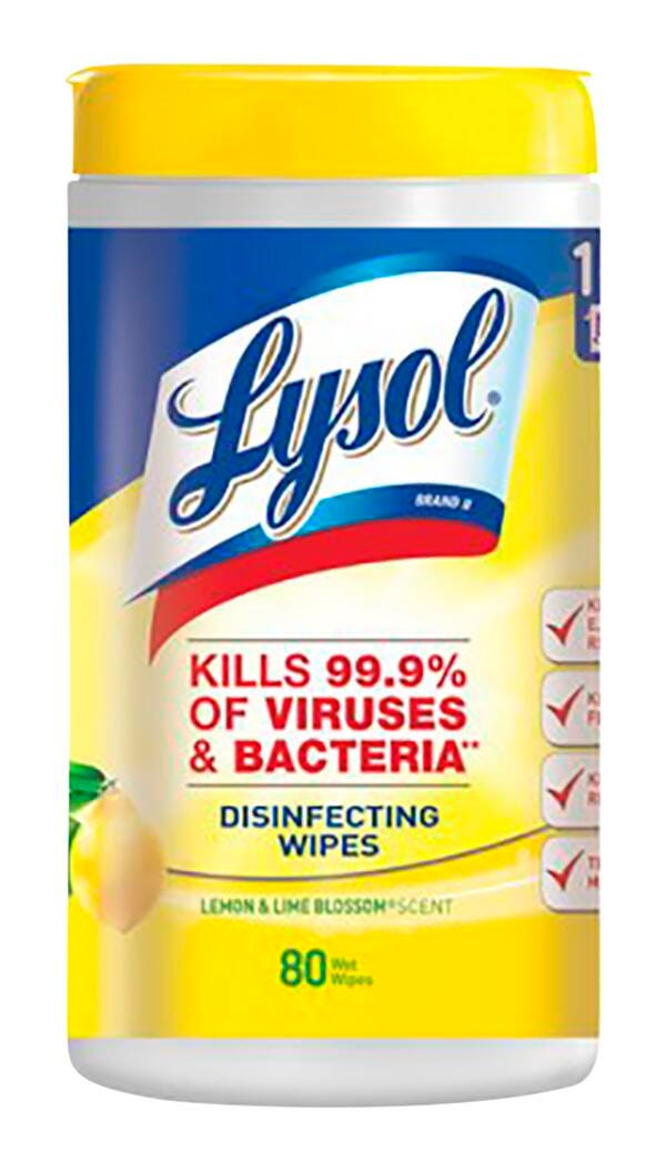 WIPES - LYSOL DISINFECTING WIPES - 80 WIPES IN A TUB - LEMON AND LIME BLOSSOM SCENT - EACH