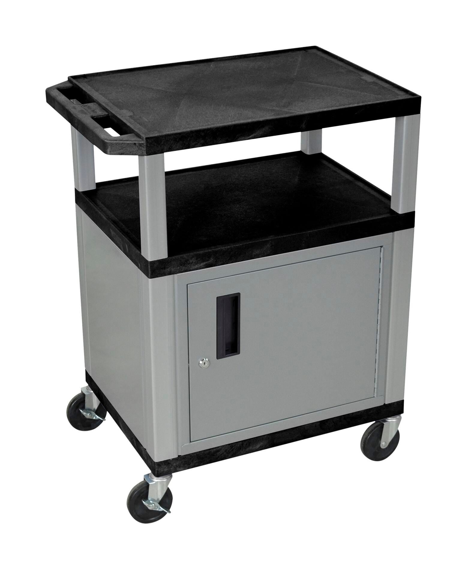CART - LUXOR  3 SHELF WITH CABINET 24X18X34 TUFFY CART WITHOUT POWER -  BLACK SHELVES - NICKEL LEGS - NICKEL CABINET