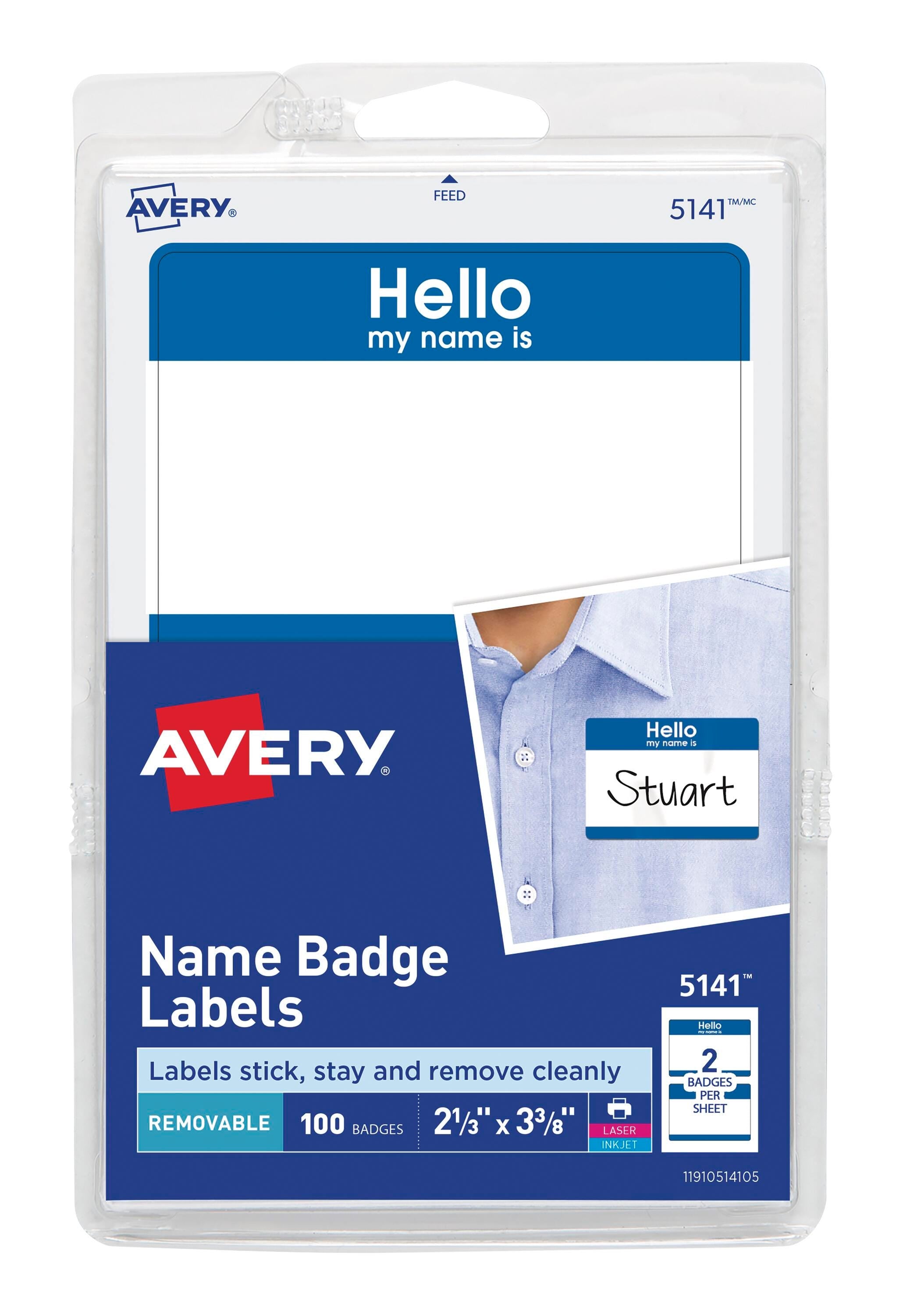 NAME BADGE ADHESIVE HELLO 2-1/3X3-3/8 IN BLUE PK OF 100 AVE5141