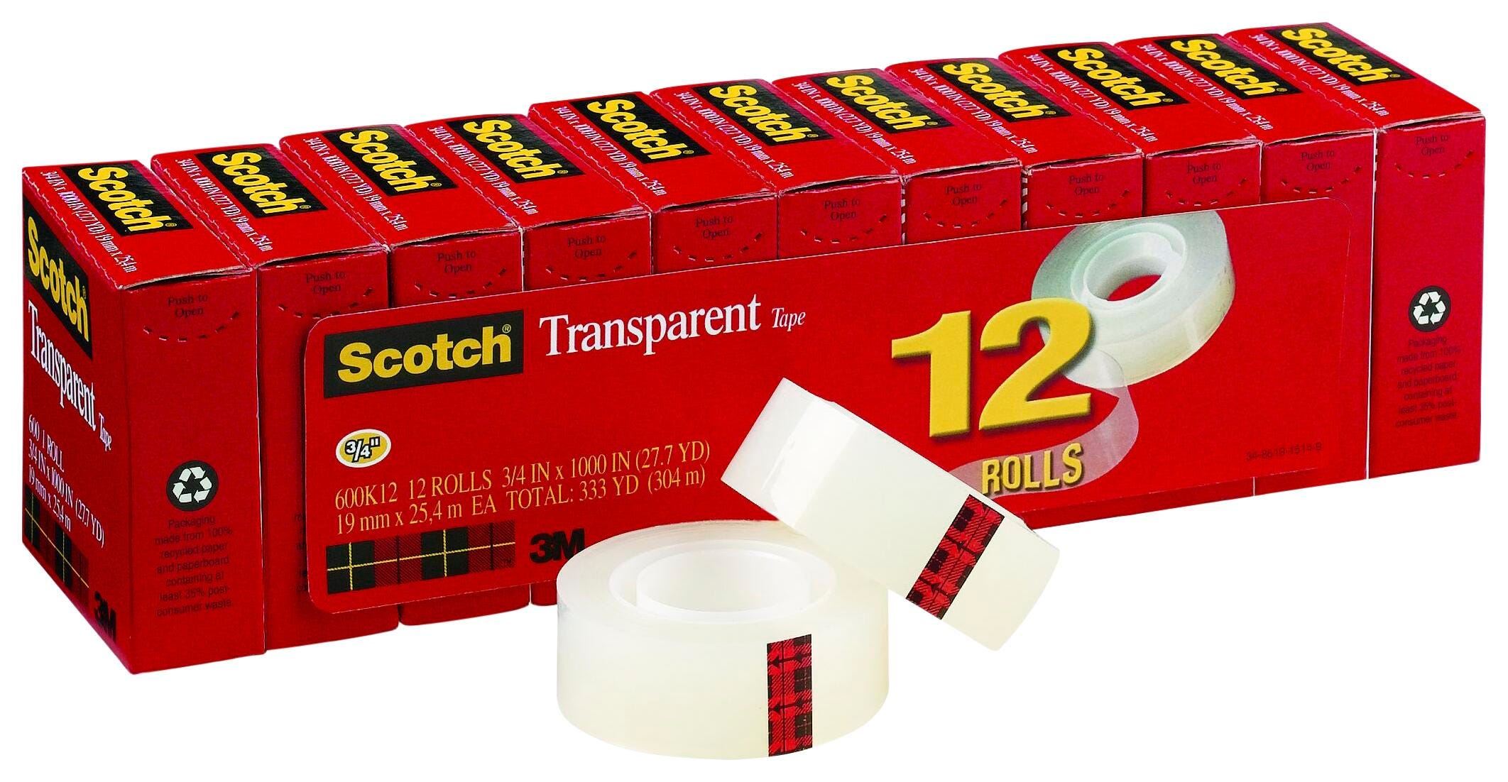 TAPE SCOTCH 600 TRANSPARENT 600K12  0.75 IN X 1000 IN PACK OF 12