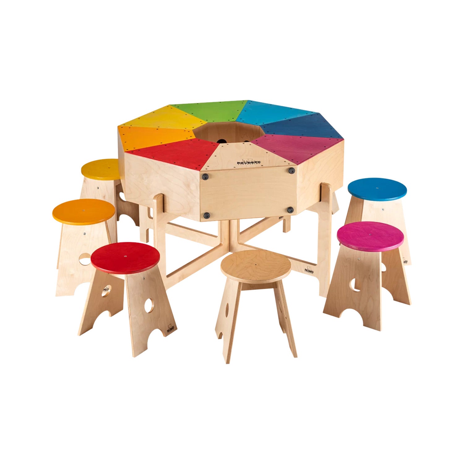 NINO Deluxe classroom cajon 8-piece set with wooden baseplate, stand & stools