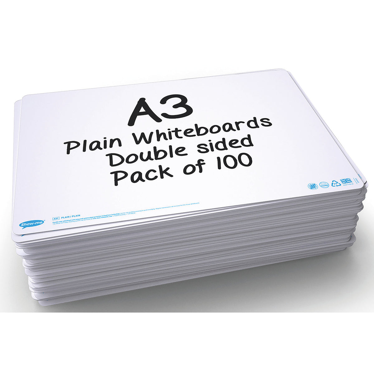 Show-Me A3 Plain Drywipe Boards Pack of 100